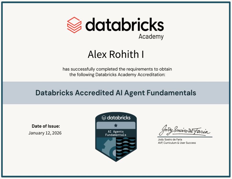 Databricks Accredited AI Agent Fundamentals certificate for Alex Rohith