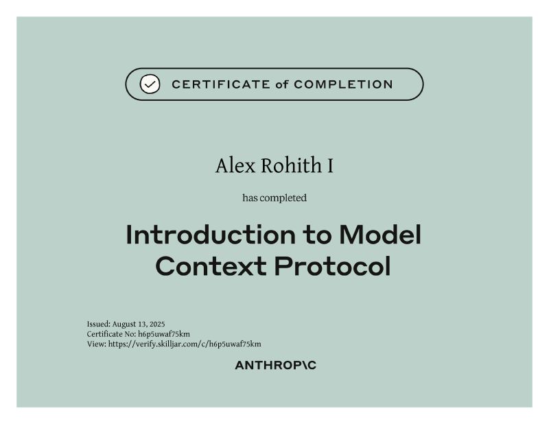 Anthropic Introduction to Model Context Protocol certificate for Alex Rohith