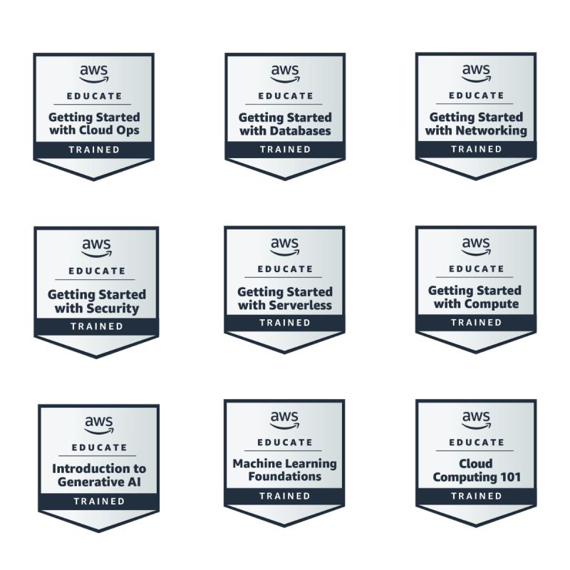 AWS Educate training badges earned by Alex Rohith