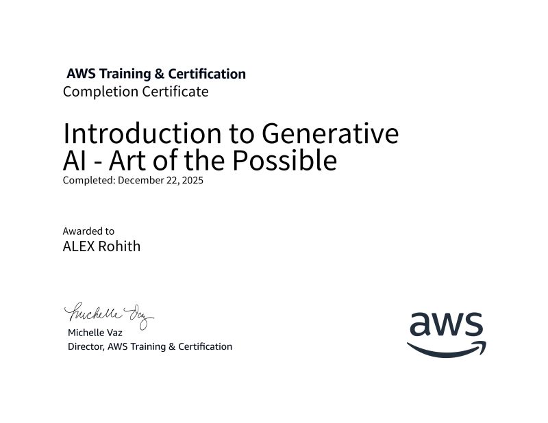 AWS Introduction to Generative AI certificate for Alex Rohith